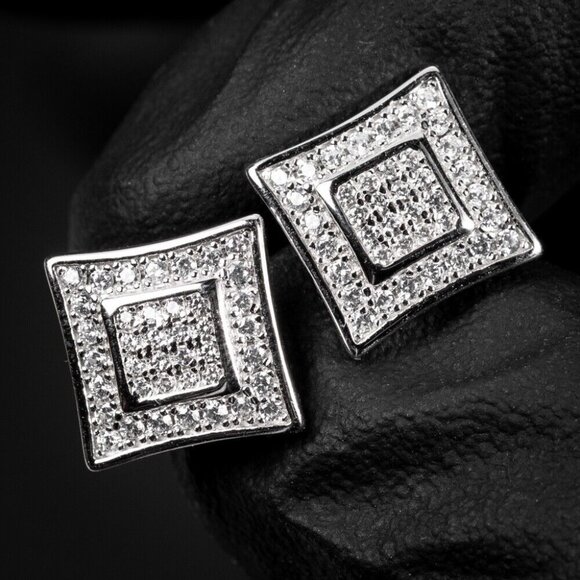 White Gold Plated Hip Hop Small 3D Screw Back Iced Cz Mens Square Earrings - Picture 1 of 5